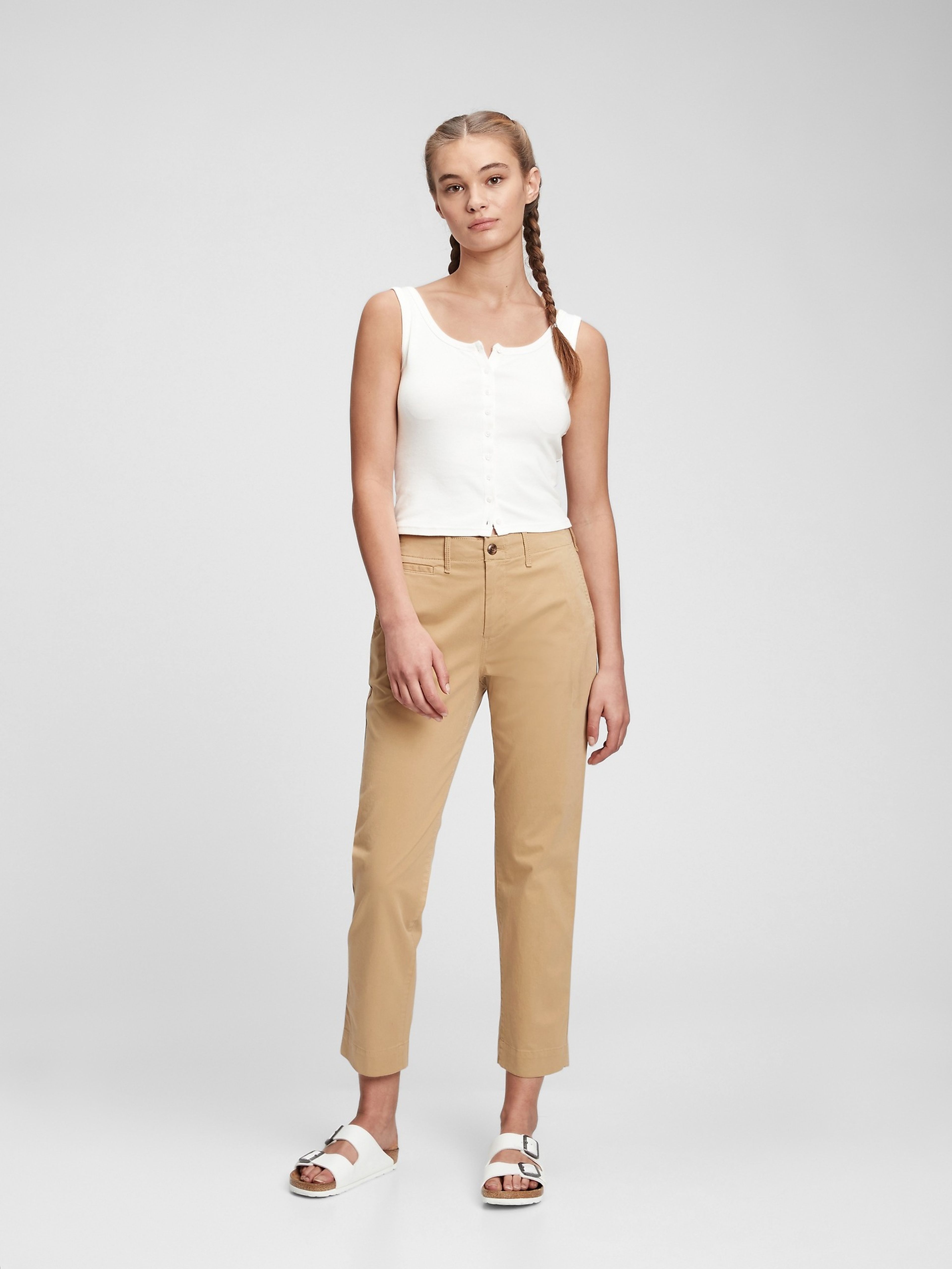 Kalhoty straight khaki high rise